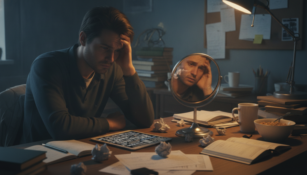 A contemplative individual sitting at a desk, their expression reflecting internal struggle and self-doubt, illustrating the concept of negative self-talk. In the foreground, a close-up of their face shows furrowed brows and a pensive gaze. The middle layer features scattered notes and a mirror reflecting their image, symbolizing self-reflection. In the background, a dimly lit, cluttered workspace evokes a sense of chaos and overwhelm. Soft, warm lighting casts gentle shadows, creating a moody atmosphere that resonates with the theme of self-deprecation. The scene captures the tension between self-criticism and the longing for self-esteem, reinforcing the emotions associated with destructive internal dialogues. A contemplative individual sitting at a desk, their expression reflecting internal struggle and self-doubt, illustrating the concept of negative self-talk. In the foreground, a close-up of their face shows furrowed brows and a pensive gaze. The middle layer features scattered notes and a mirror reflecting their image, symbolizing self-reflection. In the background, a dimly lit, cluttered workspace evokes a sense of chaos and overwhelm. Soft, warm lighting casts gentle shadows, creating a moody atmosphere that resonates with the theme of self-deprecation. The scene captures the tension between self-criticism and the longing for self-esteem, reinforcing the emotions associated with destructive internal dialogues.