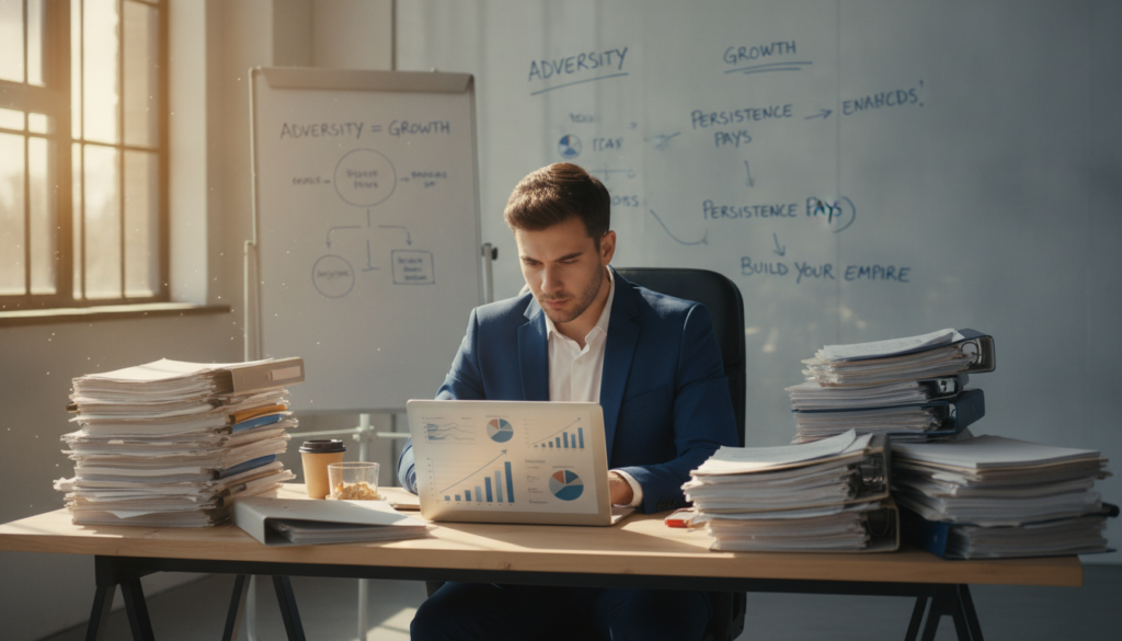 A determined entrepreneur in a modern office setting, focused on their work amidst stacks of paperwork representing financial challenges. The foreground features the entrepreneur, a young adult in a smart business suit, looking thoughtfully at a laptop filled with graphs and business plans. In the middle background, a whiteboard displays strategic goals and inspirational quotes about persistence and success. The atmosphere is filled with soft, natural lighting from a large window, casting warm shadows that evoke a sense of hope. The overall mood is one of resilience and determination, showcasing the journey of overcoming adversity in business.