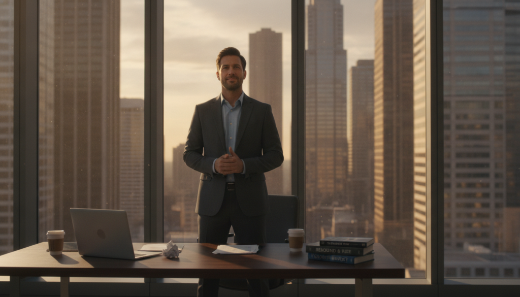 A determined individual in professional business attire stands confidently in a modern office, symbolizing a journey of professional recovery after failure. In the foreground, the person gazes towards the horizon through a large window, their expression reflecting resilience and hope. In the middle ground, a desk is cluttered with motivational books and a laptop, hinting at their hard work and dedication. The background features a cityscape bathed in warm, golden sunlight, suggesting new opportunities on the horizon. The scene is illuminated by soft, natural light filtering through the window, creating an uplifting atmosphere. The overall mood conveys empowerment and a sense of transformation, inspiring viewers with the idea of personal and professional growth.