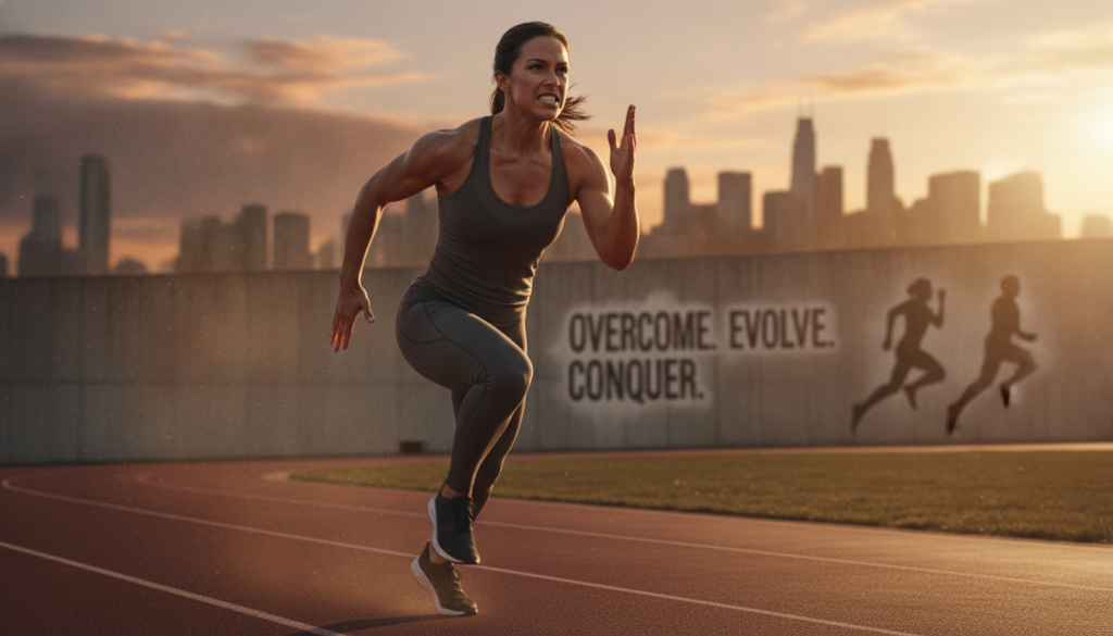 A determined individual in sports attire, mid-action during a transformative moment in their athletic journey, showcasing a powerful expression of focus and resilience. In the foreground, the athlete is captured in dynamic motion, muscles tense, with a look of unwavering determination. The middle ground shows an inspiring sports environment—perhaps a running track or a gym filled with motivational posters about overcoming challenges. The background features a blurred skyline at sunset, symbolizing hope and new beginnings, with warm, golden lighting that bathes the scene in a soft glow. The overall mood conveys triumph and the spirit of personal transformation through sports, evoking a sense of inspiration and motivation.