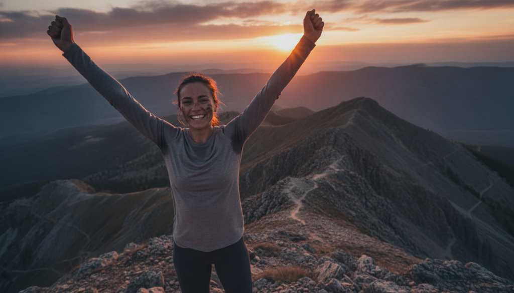 A determined young woman standing triumphantly on a mountain peak, showcasing her physical prowess and resilience. She has a strong, confident posture, dressed in modest athletic wear, reflecting a journey of overcoming physical limitations. The foreground features her smiling face, radiating joy and accomplishment, while a scenic view of rolling hills and valleys unfolds beneath her. In the middle ground, the rugged terrain symbolizes the challenges she faced, with rocky cliffs and a winding path traversed during her journey. The background captures a vibrant sunset, casting warm, golden hues across the sky, illuminating the scene with a sense of hope and inspiration. The atmosphere is uplifting and empowering, emphasizing her personal victory and the essence of persistence in the face of adversity. The image should have a natural, soft focus, with a slight depth of field to highlight the subject.