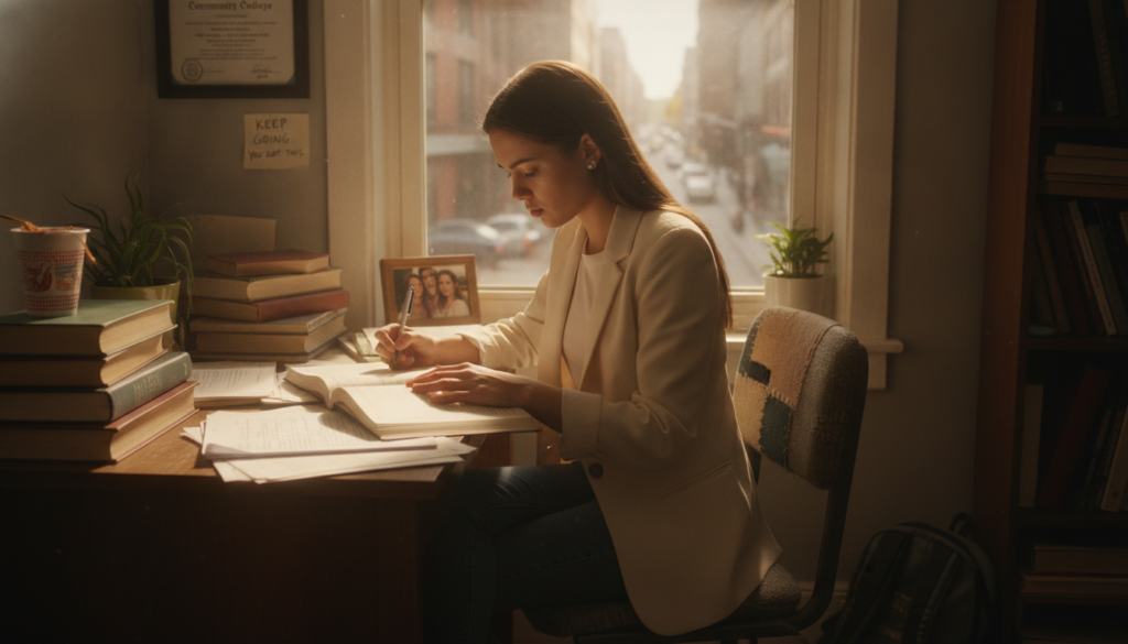 A determined young woman studying in a modest, cluttered room that reflects her journey through academic challenges and poverty. In the foreground, she sits at a small desk piled with books, taking notes with focused concentration. Her professional casual attire contrasts with the surrounding environment, which includes a worn-out chair and a window showing a glimpse of a busy city outside. In the middle ground, personal achievements like a diploma on the wall and motivational quotes are partially displayed. The warm, natural light streams in through the window, creating a hopeful atmosphere. Capture the scene from a slightly elevated angle, emphasizing her resilience and determination, while maintaining a bright and inspirational mood.