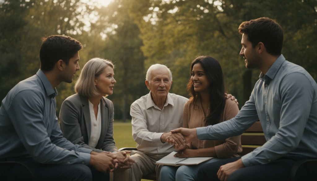 A diverse group of five people standing in a warm, inviting park, symbolizing a strong support network. The foreground features a middle-aged woman in professional attire engaging in conversation with a young man in casual business clothes. In the middle ground, an older gentleman with a friendly smile offers a helping hand to a young woman seated on a bench, studying a notebook. A cheerful woman of color stands beside them, offering encouragement. The background showcases lush greenery with soft sunlight filtering through the trees, creating a serene and uplifting atmosphere. The focus is on their expressions of connection and support, captured from a slightly elevated angle to emphasize their interaction, conveying a sense of community and optimism. A diverse group of five people standing in a warm, inviting park, symbolizing a strong support network. The foreground features a middle-aged woman in professional attire engaging in conversation with a young man in casual business clothes. In the middle ground, an older gentleman with a friendly smile offers a helping hand to a young woman seated on a bench, studying a notebook. A cheerful woman of color stands beside them, offering encouragement. The background showcases lush greenery with soft sunlight filtering through the trees, creating a serene and uplifting atmosphere. The focus is on their expressions of connection and support, captured from a slightly elevated angle to emphasize their interaction, conveying a sense of community and optimism.