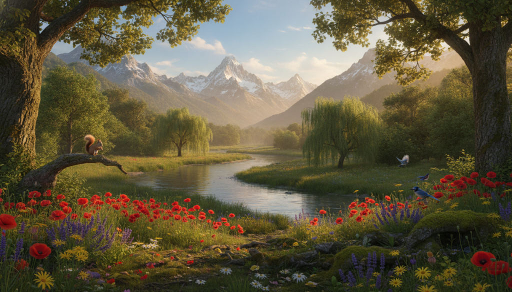 A harmonious representation of the interconnectedness of life, showcasing an intricate web of diverse ecosystems. In the foreground, a vibrant and lush forest teeming with flora and fauna: colorful flowers, towering trees, and small animals like squirrels and birds, all coexisting peacefully. The middle layer depicts a serene river flowing gently, reflecting the bright blue sky and surrounded by greenery, symbolizing the flow of life. In the background, majestic mountains create a sense of depth and continuity. The lighting is warm, casting a golden hue over the landscape, creating a tranquil and inviting atmosphere. The image captures a sense of unity and balance in nature, illustrating the beauty of interdependence across all forms of life, shot with a wide-angle lens to capture the vastness and detail of this interconnected ecosystem.