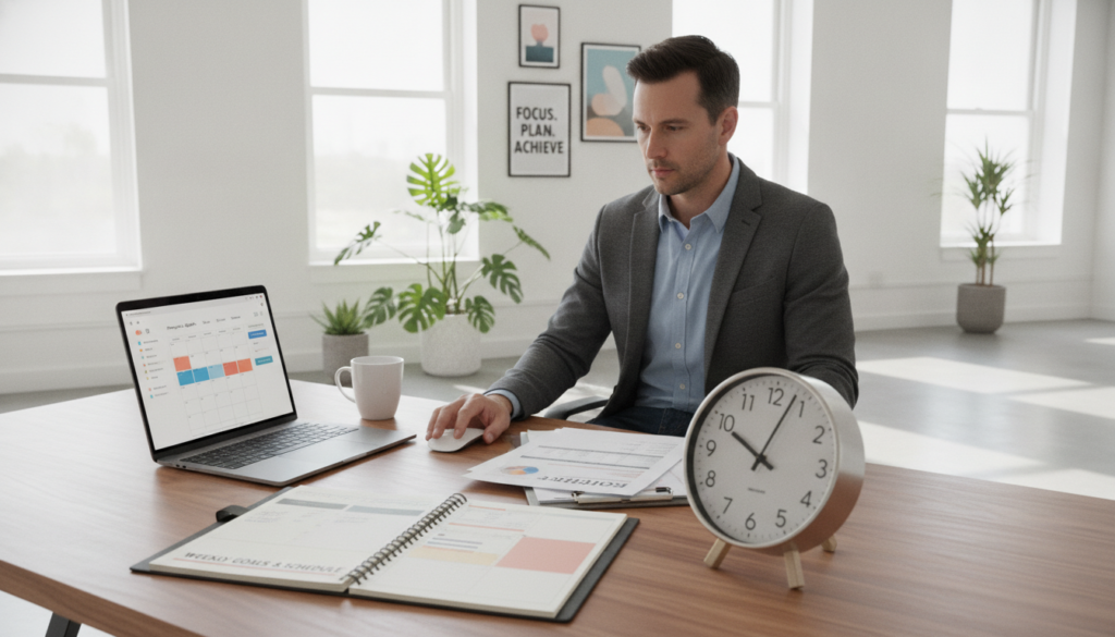 A modern workspace showcasing effective time management. In the foreground, a well-organized desk with a planner, a laptop displaying a clean calendar, and a cup of coffee. In the middle, a professional individual wearing smart casual attire, deeply focused on their tasks, with documents and a clock visible to emphasize time. The background features a bright, clean office ambiance with large windows letting in natural sunlight, plants for a fresh touch, and motivational visuals on the wall. The lighting is soft yet bright, creating an optimistic and productive atmosphere. Capture this scene from a slightly elevated angle, conveying a sense of clarity and purpose, with an overall professional yet inviting mood.