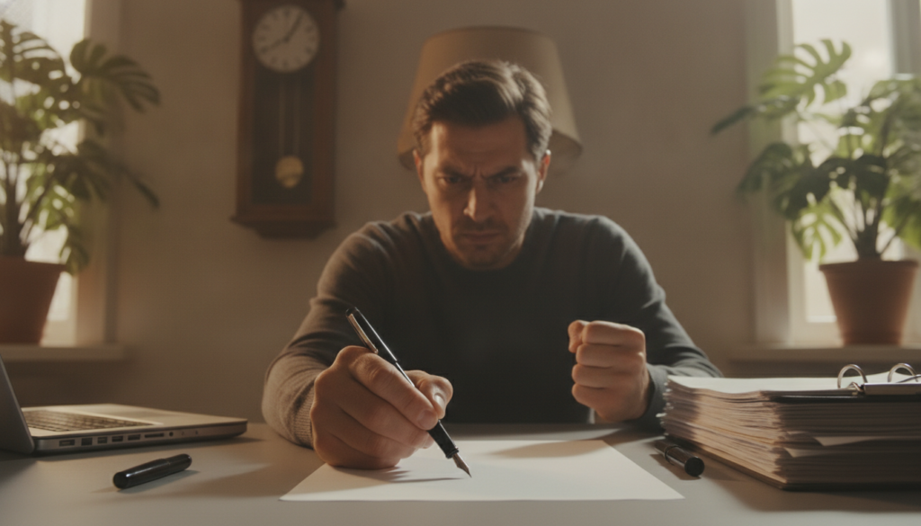 A person sits at a meticulously organized desk, surrounded by neatly stacked papers and a pristine workspace. Their expression is one of intense concentration, with furrowed brows and clenched fists, reflecting the pressure of perfectionism. In the background, a clock ticks ominously, symbolizing time constraints. Soft, warm lighting casts gentle shadows, creating a cozy yet tense atmosphere. The foreground features a close-up of a hand holding a pen, poised over a blank sheet of paper, embodying the struggle to achieve flawlessness. The setting conveys a sense of isolation, as plush plants in the corners contrast the rigid order of the desk, emphasizing the struggle between creativity and the paralysis of perfectionism. A person sits at a meticulously organized desk, surrounded by neatly stacked papers and a pristine workspace. Their expression is one of intense concentration, with furrowed brows and clenched fists, reflecting the pressure of perfectionism. In the background, a clock ticks ominously, symbolizing time constraints. Soft, warm lighting casts gentle shadows, creating a cozy yet tense atmosphere. The foreground features a close-up of a hand holding a pen, poised over a blank sheet of paper, embodying the struggle to achieve flawlessness. The setting conveys a sense of isolation, as plush plants in the corners contrast the rigid order of the desk, emphasizing the struggle between creativity and the paralysis of perfectionism.