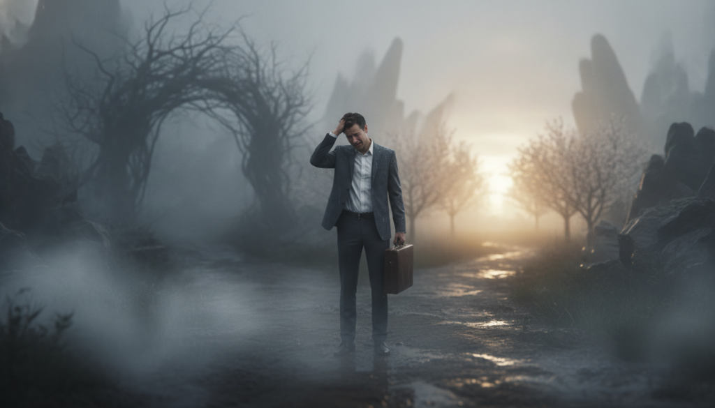 A person standing at a crossroads, visibly distressed, represents the fear of failure. In the foreground, the individual, dressed in professional business attire, has a worried expression while glancing toward a dark, shadowy path symbolizing hesitation. In the middle ground, a faintly illuminated, brighter path signifies success and opportunity. Surrounding the scene, a dense fog adds an atmosphere of uncertainty and anxiety. The background features blurred silhouettes of obstacles, such as large barriers or roadblocks, further emphasizing the theme of self-sabotage. Soft, diffused lighting highlights the contrasting paths, enhancing the mood of tension and introspection. Use a shallow depth of field to focus on the person while softly blurring the background, creating a sense of isolation in their struggle. A person standing at a crossroads, visibly distressed, represents the fear of failure. In the foreground, the individual, dressed in professional business attire, has a worried expression while glancing toward a dark, shadowy path symbolizing hesitation. In the middle ground, a faintly illuminated, brighter path signifies success and opportunity. Surrounding the scene, a dense fog adds an atmosphere of uncertainty and anxiety. The background features blurred silhouettes of obstacles, such as large barriers or roadblocks, further emphasizing the theme of self-sabotage. Soft, diffused lighting highlights the contrasting paths, enhancing the mood of tension and introspection. Use a shallow depth of field to focus on the person while softly blurring the background, creating a sense of isolation in their struggle.