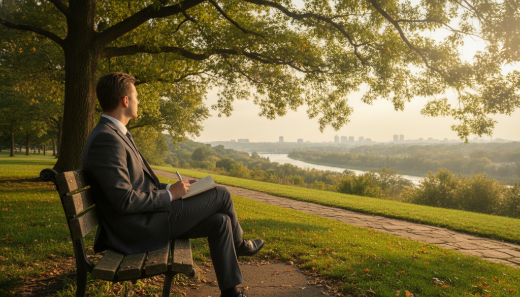 A reflective scene depicting a person contemplating their future decisions, sitting on a park bench surrounded by lush greenery and gentle sunlight filtering through the leaves, creating a soft, dappled light effect. The individual, dressed in professional business attire, gazes thoughtfully into the distance, with a notepad and pen resting on their lap, symbolizing their introspection. In the background, a winding path leads into a serene landscape, hinting at future opportunities. The mood is contemplative and hopeful, inviting the viewer to consider their own choices and legacy. The angle captures both the person and the beautiful surroundings, emphasizing the importance of decisions in shaping one's future.