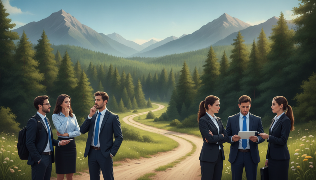 A serene and inspiring landscape depicting the journey of self-discovery and personal growth. In the foreground, a diverse group of individuals in professional business attire stands on a winding path, reflecting introspection and determination. They are engaged in thoughtful conversation, with expressions of insight and motivation. The middle ground features a lush forest, symbolizing growth and exploration, with sunlight filtering through the leaves, creating dappled patterns on the ground. The background showcases distant mountains under a clear blue sky, symbolizing the heights one can reach through self-awareness. The mood is uplifting and hopeful, with warm, soft lighting enhancing the feeling of a transformative journey. The angle captures the path leading toward the mountains, inviting viewers to envision their own journey of self-discovery.