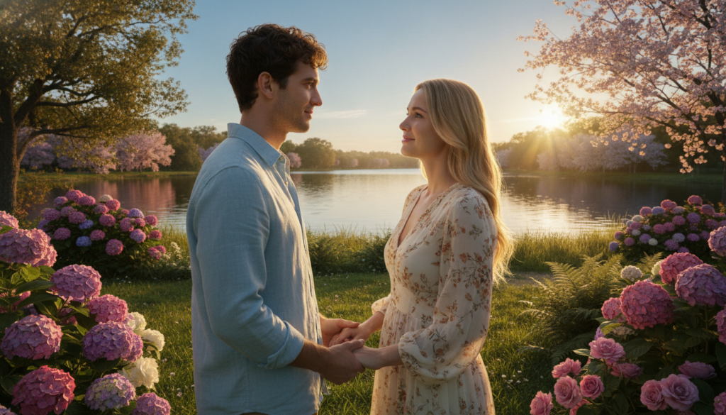 A serene and intimate scene capturing the essence of forgiveness. In the foreground, two friends, a man and a woman, are engaged in a heartfelt conversation, standing close together, expressing sincerity and empathy. Their expressions reflect deep understanding, with warm smiles as they exchange apologies. The middle ground features a picturesque park with blooming flowers and gentle greenery, symbolizing growth and healing. The background includes a soft-focus view of a tranquil lake under a clear blue sky, with sunlight filtering through the trees, creating a warm, inviting atmosphere. The lighting is soft and natural, reminiscent of the golden hour, enhancing the mood of reconciliation and friendship. The angle is slightly elevated, providing a view that captures the connection between the two friends while emphasizing their surroundings.