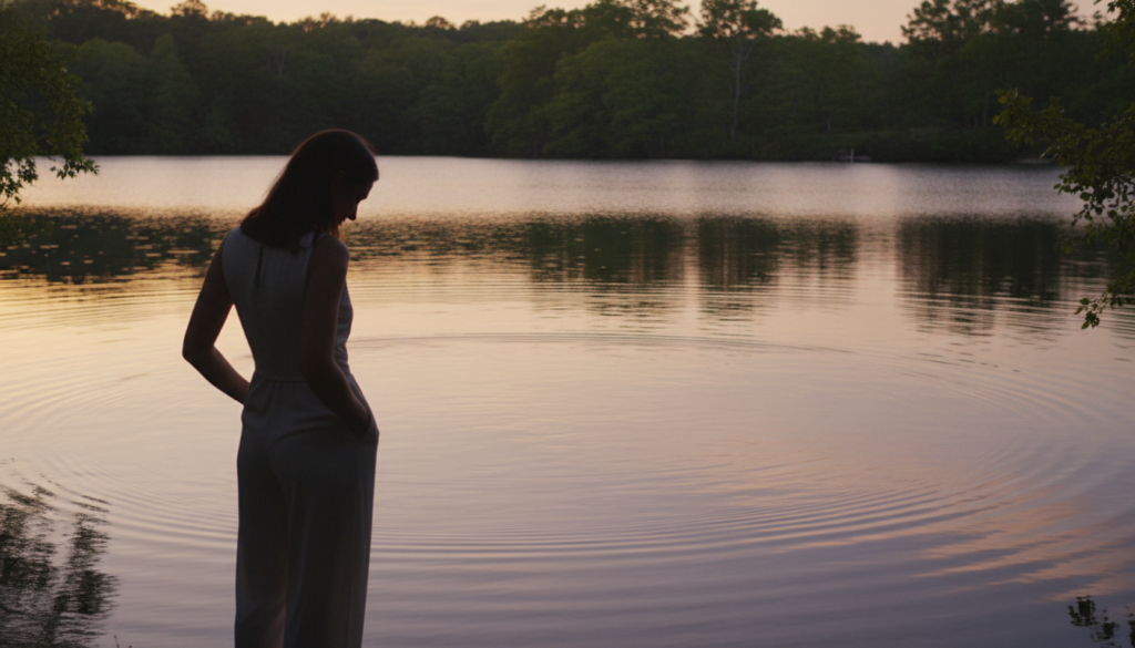 A serene and introspective scene depicting a silhouette of a person standing at the edge of a tranquil lake during sunset. In the foreground, the figure is dressed in a simple, elegant outfit, hands tucked into pockets, gazing at their reflection in the water, symbolizing self-discovery. The middle ground features gently rippling water, with small ripples reflecting the soft oranges and purples of the sunset sky, casting a warm glow. In the background, lush green trees frame the scene, their leaves rustling gently in a light breeze, adding to the peaceful atmosphere. The mood is contemplative and calm, evoking feelings of introspection and the quest for true identity. The lighting is soft and warm, enhancing the tranquil atmosphere, with a slightly angled view from behind the figure to emphasize their reflective pose.