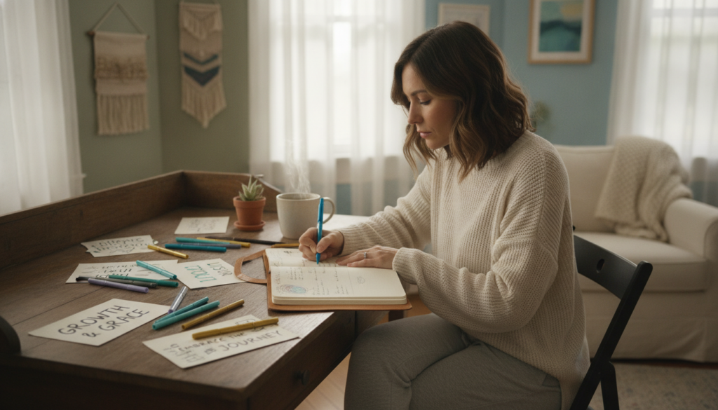 A serene and inviting indoor setting, featuring a wooden desk cluttered with an open journal, colorful pens, and inspirational quotes. In the foreground, a person, a woman with medium-length brown hair, is writing thoughtfully in the journal, dressed in comfortable, modest, casual clothing. The middle ground includes a potted plant and a steaming cup of herbal tea, suggesting tranquility and reflection. The background features soft, natural light filtering through a window adorned with sheer curtains, creating a warm atmosphere. The room is decorated with calming colors, like soft blues and greens, evoking a peaceful yet inspiring mood, ideal for spiritual journaling and self-discovery. A serene and inviting indoor setting, featuring a wooden desk cluttered with an open journal, colorful pens, and inspirational quotes. In the foreground, a person, a woman with medium-length brown hair, is writing thoughtfully in the journal, dressed in comfortable, modest, casual clothing. The middle ground includes a potted plant and a steaming cup of herbal tea, suggesting tranquility and reflection. The background features soft, natural light filtering through a window adorned with sheer curtains, creating a warm atmosphere. The room is decorated with calming colors, like soft blues and greens, evoking a peaceful yet inspiring mood, ideal for spiritual journaling and self-discovery.