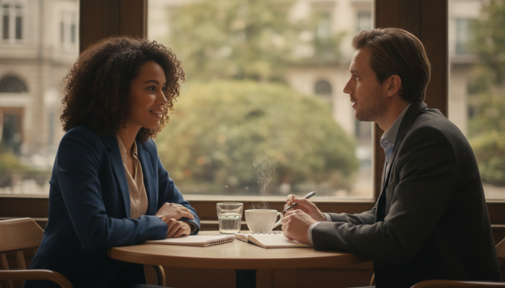 A serene and inviting scene depicting active listening in a friendly environment. In the foreground, two individuals of diverse backgrounds are seated at a cozy café table, engaged in a deep conversation, wearing professional business attire. The middle ground features a warm ambiance with soft natural light filtering through large windows, casting gentle shadows. On the table, a steaming cup of coffee and a notepad with a pen exemplify a constructive dialogue. The background includes blurred elements of greenery outside, adding a touch of tranquility and connection to nature. The overall mood is one of attentiveness and warmth, emphasizing the importance of listening with care and respect. Soft focus with a shallow depth of field to highlight the subjects, capturing an intimate moment.