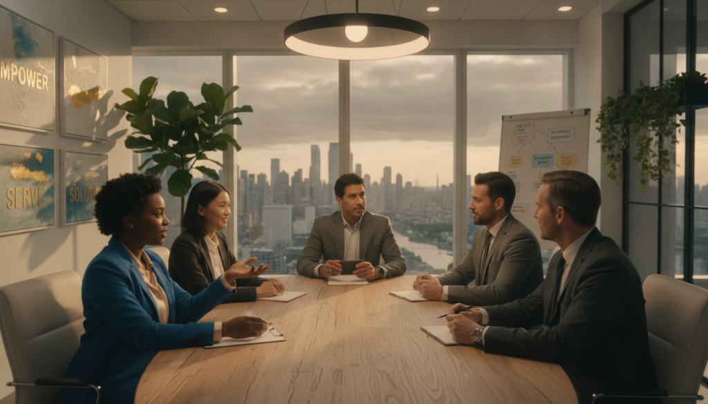 A serene and peaceful scene depicting a diverse group of people in professional attire, engaged in a collaborative discussion in a modern office setting. In the foreground, a woman of African descent gestures passionately, while a man of Hispanic descent listens intently, taking notes. In the middle ground, a large window reveals a vibrant cityscape, symbolizing opportunities and challenges outside. The background contains potted plants and inspirational art on the walls that enhances the atmosphere of growth and purpose. The lighting is soft and warm, casting gentle shadows, creating an inviting environment. The mood conveys motivation, teamwork, and a focus on problem-solving, illustrating the theme of life mission and purpose while emphasizing the importance of helping others.