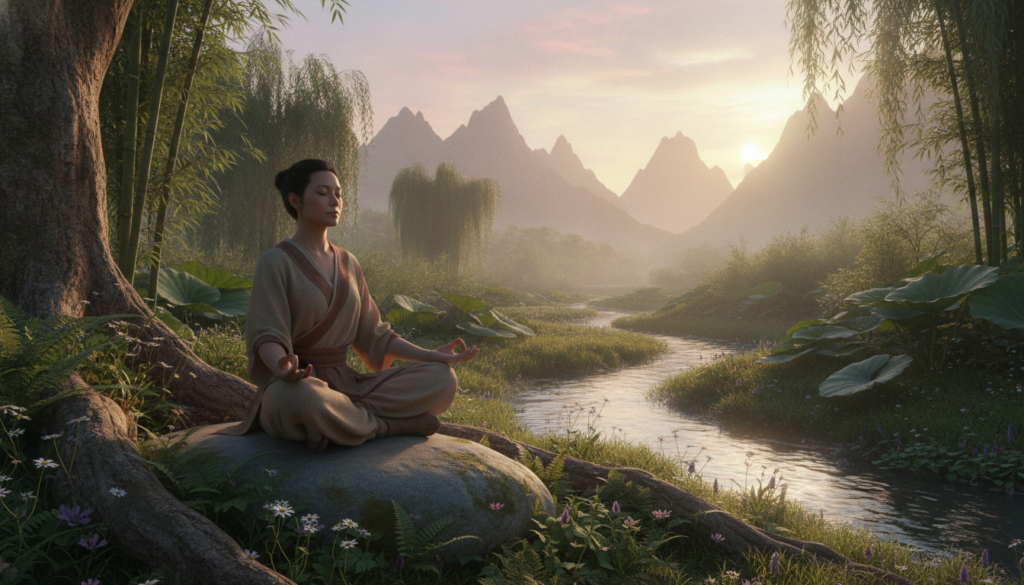 A serene and tranquil scene depicting "sacred silence," focused on a peaceful meditation space. In the foreground, a person of Asian descent, dressed in modest, loose-fitting clothing, sits cross-legged on a smooth stone surrounded by nature. The middle layer features lush greenery, softly swaying trees, and a gentle stream reflecting the light. In the background, a distant mountain range meets a soft pastel sky, hinting at the early morning glow. The lighting is soft and ethereal, casting gentle shadows and warm hues throughout the scene. The overall mood is calm and contemplative, inviting a sense of deep spiritual connection and inner peace, perfect for meditation and reflection. A serene and tranquil scene depicting "sacred silence," focused on a peaceful meditation space. In the foreground, a person of Asian descent, dressed in modest, loose-fitting clothing, sits cross-legged on a smooth stone surrounded by nature. The middle layer features lush greenery, softly swaying trees, and a gentle stream reflecting the light. In the background, a distant mountain range meets a soft pastel sky, hinting at the early morning glow. The lighting is soft and ethereal, casting gentle shadows and warm hues throughout the scene. The overall mood is calm and contemplative, inviting a sense of deep spiritual connection and inner peace, perfect for meditation and reflection.