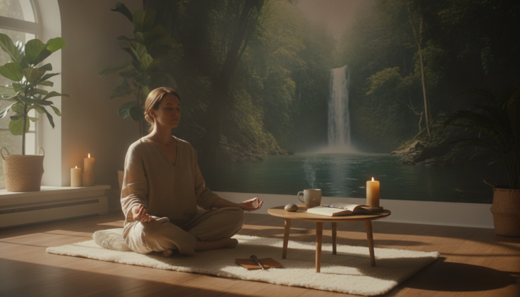 A serene and tranquil setting depicting a cozy, softly lit meditation room. In the foreground, a person in comfortable, modest clothing sits cross-legged on a plush mat, embodying a state of relaxation and mindfulness. Gentle light filters in through a large window, casting soft shadows and illuminating potted plants and scented candles. In the middle, a small table holds a calming herbal tea and an open journal, symbolizing reflection and inner peace. The background features calming nature imagery, like lush greenery and a distant waterfall, enhancing the atmosphere of tranquility. The overall mood is peaceful and inviting, designed to evoke a sense of stress reduction and mental clarity, captured in warm, soothing colors.