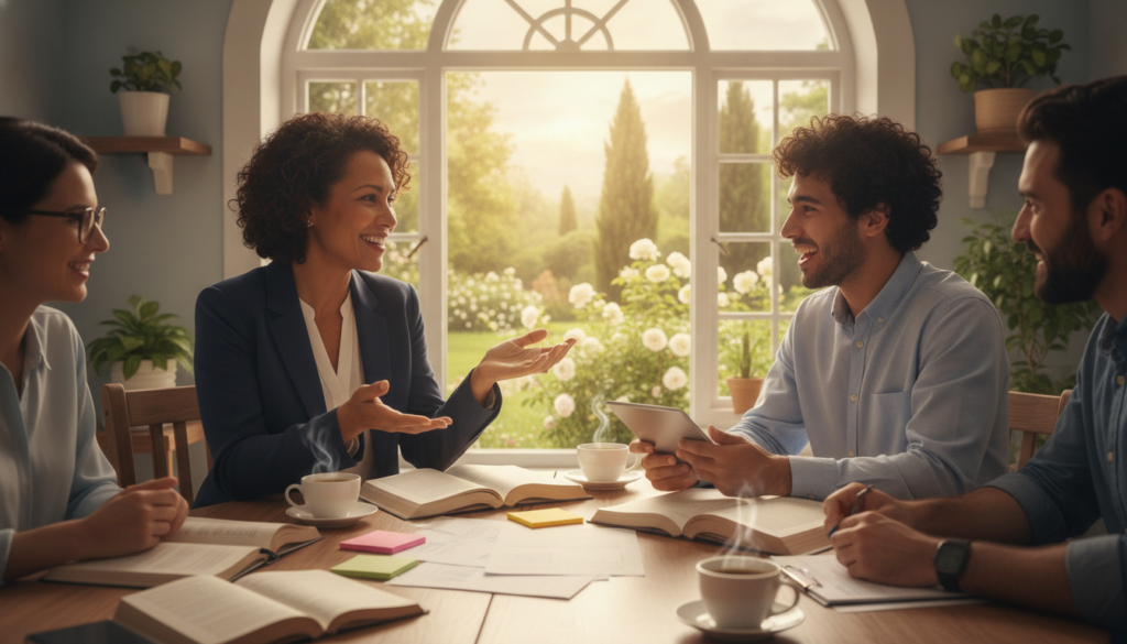 A serene and uplifting scene depicting a diverse group of people in a professional setting. In the foreground, a middle-aged woman in smart business attire is engaging with a young man, both smiling and exchanging ideas, symbolizing mentorship and support. The middle layer features a round table scattered with open books and notes, indicating collaboration and shared learning. In the background, a bright window showcases a lush green garden, adding an element of hope and growth. Warm, soft lighting floods the scene, creating an inviting and inspirational atmosphere. The overall mood is one of connection, purpose, and the impact of helping others, emphasizing the theme of legacy in helping.