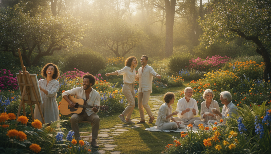 A serene and vibrant scene depicting the concept of "ikigai," capturing moments of pure joy and vitality. In the foreground, a diverse group of people, dressed in modest casual clothing, are engaged in various joyful activities such as painting, dancing, and laughing, showcasing a sense of community and fulfillment. The middle ground features a flourishing garden filled with colorful flowers and lush greenery, symbolizing growth and happiness. In the background, soft sunrays filter through trees, casting a warm glow and creating a tranquil atmosphere. The focus is sharp on the joyful expressions of the individuals, while the surrounding area is slightly blurred, enhancing the vivacity of the central subjects. Aim for a bright color palette to evoke a sense of energy and positivity.