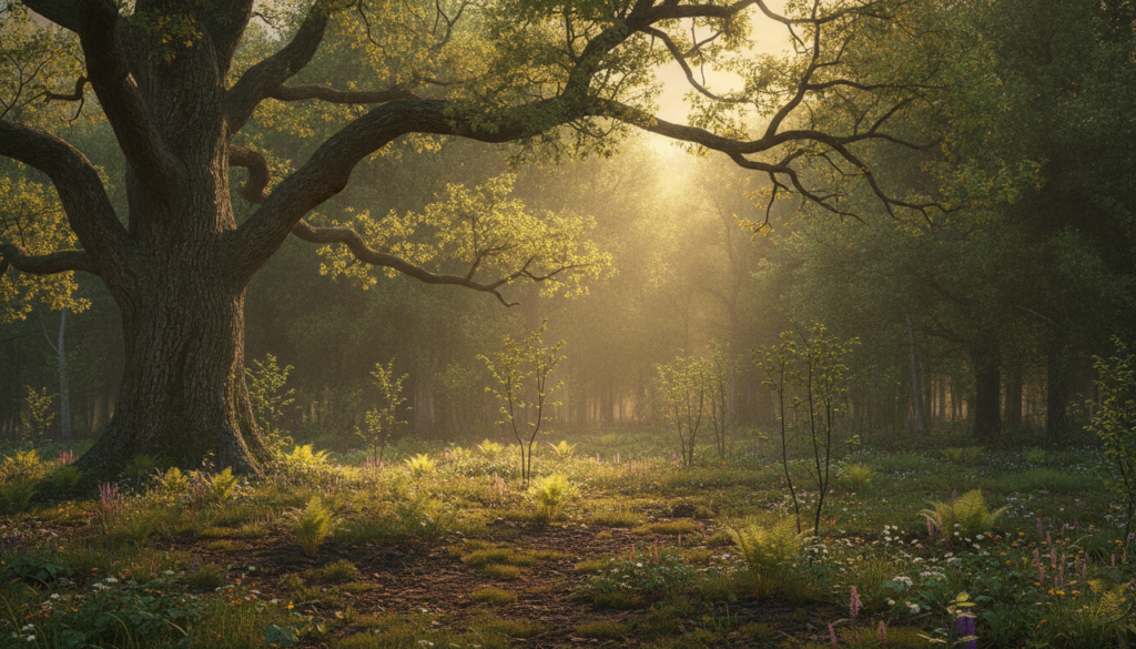 A serene forest scene illustrating the concept of "the patience of growth." In the foreground, a majestic oak tree stands tall with its expansive branches reaching out, adorned with vibrant green leaves, showcasing different stages of growth. In the middle ground, smaller saplings and flowering plants emerge, representing the early stages of life, all bathed in soft, dappled sunlight filtering through the canopy above. The background features a tranquil, sunlit woodland with distant trees in varying shades of green, highlighting depth in the landscape. The atmosphere is peaceful, evoking a sense of calm and reflection, symbolizing the gradual journey of growth and the lessons it imparts. Capture this scene with a warm, golden hour glow, using a wide-angle lens to emphasize the grandeur of the oak and the beauty of the surrounding nature.