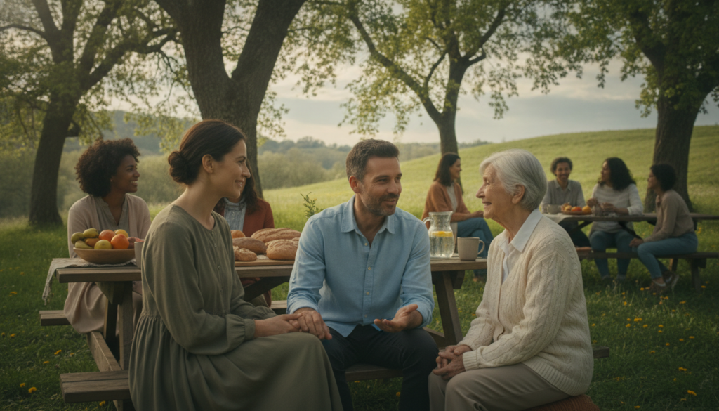 A serene gathering of diverse individuals engaged in deep conversation, symbolizing "comunhão fraterna." In the foreground, a group of three people—a woman in a modest dress, a man in a casual button-up shirt, and an elderly person in a light sweater—are sharing meaningful smiles and gestures, exuding warmth and connection. The middle ground features a picnic table set with simple food items, surrounded by nature, with trees and soft, dappled sunlight filtering through the leaves, creating a peaceful ambiance. In the background, a gentle hillside and soft clouds enhance the sense of harmony. The lighting is warm, evoking a sense of comfort and spiritual connection, while the overall atmosphere conveys a feeling of community and support, emphasizing the bonds that strengthen one's spiritual journey. A serene gathering of diverse individuals engaged in deep conversation, symbolizing "comunhão fraterna." In the foreground, a group of three people—a woman in a modest dress, a man in a casual button-up shirt, and an elderly person in a light sweater—are sharing meaningful smiles and gestures, exuding warmth and connection. The middle ground features a picnic table set with simple food items, surrounded by nature, with trees and soft, dappled sunlight filtering through the leaves, creating a peaceful ambiance. In the background, a gentle hillside and soft clouds enhance the sense of harmony. The lighting is warm, evoking a sense of comfort and spiritual connection, while the overall atmosphere conveys a feeling of community and support, emphasizing the bonds that strengthen one's spiritual journey.