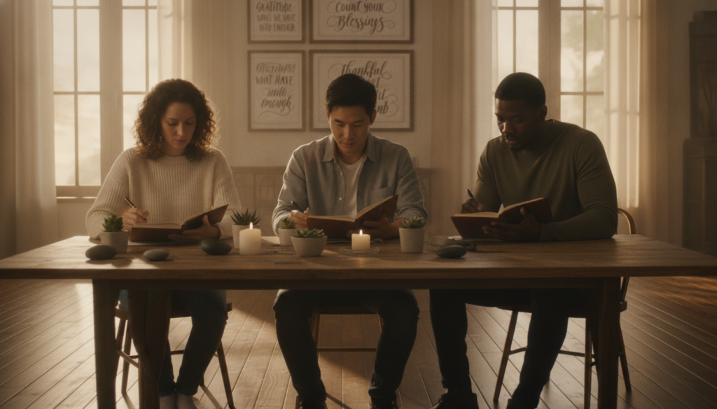 A serene indoor setting illustrates the practice of daily gratitude. In the foreground, a diverse group of three individuals, one woman and two men, sit together at a wooden table filled with nature-inspired decor—potted plants and candles. They are in a moment of reflection, each holding a journal and pen, wearing modest casual clothing. The middle layer features a softly lit ambiance, with sunlight filtering through large windows, casting gentle shadows and creating a warm, inviting atmosphere. In the background, a wall adorned with framed quotes about gratitude enhances the scene. The entire image conveys a sense of calm, connection, and mindfulness, inviting viewers to embrace the practice of gratitude as a path to a fulfilling life. A serene indoor setting illustrates the practice of daily gratitude. In the foreground, a diverse group of three individuals, one woman and two men, sit together at a wooden table filled with nature-inspired decor—potted plants and candles. They are in a moment of reflection, each holding a journal and pen, wearing modest casual clothing. The middle layer features a softly lit ambiance, with sunlight filtering through large windows, casting gentle shadows and creating a warm, inviting atmosphere. In the background, a wall adorned with framed quotes about gratitude enhances the scene. The entire image conveys a sense of calm, connection, and mindfulness, inviting viewers to embrace the practice of gratitude as a path to a fulfilling life.