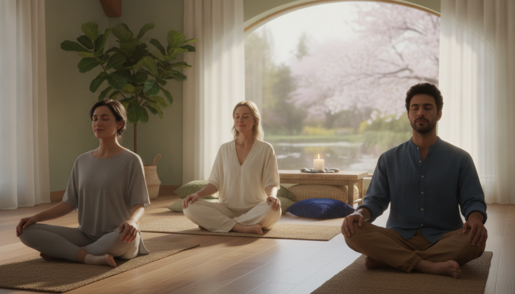 A serene indoor space designed for beginner meditation practice. In the foreground, a diverse group of three individuals—two women and one man—sitting cross-legged on yoga mats, dressed in comfortable, modest clothing. They are in a relaxed pose, with eyes gently closed, embodying calmness and focus. In the middle ground, soft cushions and a calming plant add warmth, while a small table with a lit candle creates a tranquil atmosphere. The background features a large window, letting in soft, natural light, enhancing the peacefulness of the scene. Overall, the mood is reflective and serene, inviting viewers to connect with their inner selves through meditation. The image should feel inviting, peaceful, and inspiring, promoting a sense of mindfulness. A serene indoor space designed for beginner meditation practice. In the foreground, a diverse group of three individuals—two women and one man—sitting cross-legged on yoga mats, dressed in comfortable, modest clothing. They are in a relaxed pose, with eyes gently closed, embodying calmness and focus. In the middle ground, soft cushions and a calming plant add warmth, while a small table with a lit candle creates a tranquil atmosphere. The background features a large window, letting in soft, natural light, enhancing the peacefulness of the scene. Overall, the mood is reflective and serene, inviting viewers to connect with their inner selves through meditation. The image should feel inviting, peaceful, and inspiring, promoting a sense of mindfulness.