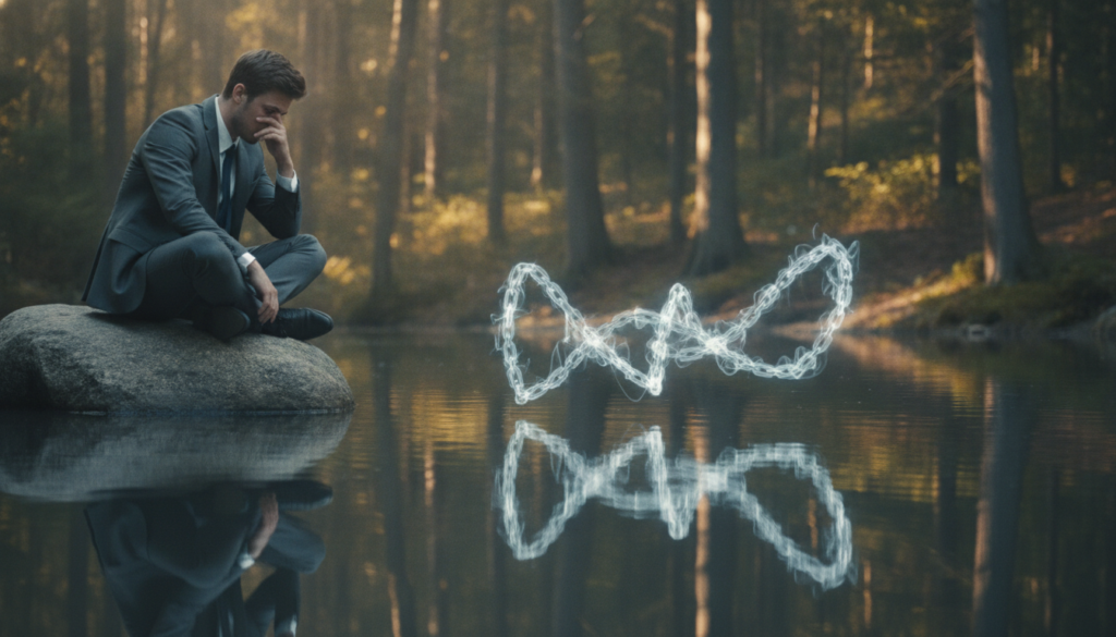 A serene, introspective scene capturing the essence of "limiting beliefs." In the foreground, a person sitting on a large, smooth rock, gazing thoughtfully into a calm lake, reflecting their inner conflict. The individual, dressed in professional business attire, portrays a contemplative expression. In the middle ground, soft, blurred silhouettes of ethereal chains float gently above the water's surface, symbolizing constraints and doubts weighing down on the individual. The background features a peaceful forest with dappled sunlight filtering through the trees, creating a warm and inviting atmosphere. The lighting is soft and diffused, evoking a sense of calm and introspection, with a focus on the individual’s face and the chains, captured from a slightly elevated angle to enhance the feeling of depth and reflection.