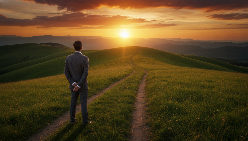 A serene landscape depicting an individual standing on a grassy hilltop at sunset, contemplating their life's purpose. In the foreground, a person in professional business attire gazes thoughtfully towards the horizon, with their hands clasped behind their back. In the middle ground, gentle rolling hills and a serene pathway wind toward the setting sun, symbolizing the journey toward self-discovery. The background features a vibrant sunset, casting warm, golden light and soft shadows, creating an atmosphere of reflection and tranquility. The scene should evoke a sense of introspection and connection to one's goals, with soft, diffused lighting that enhances the peaceful mood. Use a wide-angle lens perspective to capture the vastness of the landscape while keeping the focus on the individual.