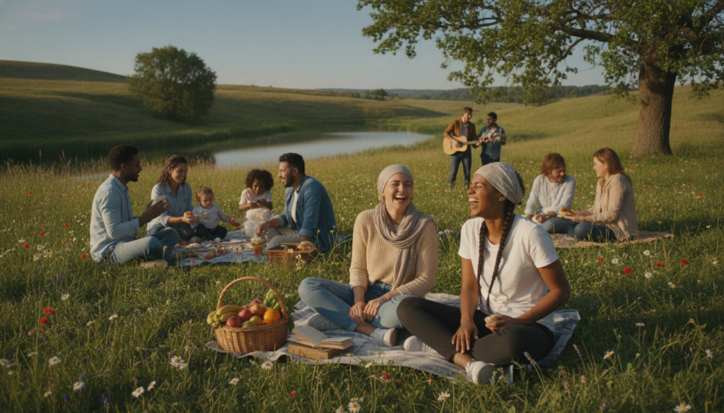 A serene landscape depicting authentic happiness, featuring a diverse group of people in modest casual clothing, joyfully engaging in a nature-setting picnic under vibrant blue skies. In the foreground, two friends share a hearty laugh while seated on a colorful blanket, surrounded by lush greenery and blooming flowers. In the middle, families and individuals relax, enjoying moments of connection, playing games, and savoring food, embodying warmth and camaraderie. The background showcases gentle rolling hills, a sparkling lake, and soft sunlight filtering through trees, enhancing the tranquil atmosphere. The overall lighting is warm and inviting, creating a sense of peace and contentment with a slightly blurred depth of field to focus on the joyful expressions in the foreground.