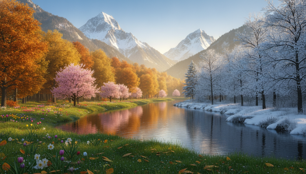 A serene landscape depicting the art of adaptability throughout the four seasons. In the foreground, a lush green meadow transitions into vibrant autumn trees with golden leaves. The middle ground features a tranquil river reflecting the changing colors of spring flowers on one bank and winter's snow-capped branches on the other. The background reveals majestic mountains under a clear blue sky. Soft, warm sunlight bathes the scene, creating a harmonious atmosphere, symbolizing balance and change. The composition uses a wide-angle lens to capture the expansive beauty of nature, inviting viewers to appreciate the seamless flow of seasonality. The mood is peaceful and reflective, embodying the essence of adaptability in nature.