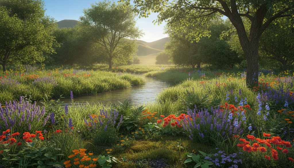 A serene landscape depicting the essence of nature and well-being. In the foreground, a peaceful garden filled with vibrant flowers and lush greenery, creating a sense of tranquility. In the middle ground, a gentle stream flows, reflecting the warm sunlight filtering through the trees. Various shades of green create a harmonious backdrop, with soft hills rolling in the distance. A clear blue sky above enhances the overall sense of calm. The lighting is soft and natural, evoking a feeling of warmth and serenity. The atmosphere is tranquil and inviting, encouraging a deep connection with nature. No human figures, ensuring a focus solely on the natural elements and the peaceful ambiance they create. A serene landscape depicting the essence of nature and well-being. In the foreground, a peaceful garden filled with vibrant flowers and lush greenery, creating a sense of tranquility. In the middle ground, a gentle stream flows, reflecting the warm sunlight filtering through the trees. Various shades of green create a harmonious backdrop, with soft hills rolling in the distance. A clear blue sky above enhances the overall sense of calm. The lighting is soft and natural, evoking a feeling of warmth and serenity. The atmosphere is tranquil and inviting, encouraging a deep connection with nature. No human figures, ensuring a focus solely on the natural elements and the peaceful ambiance they create.