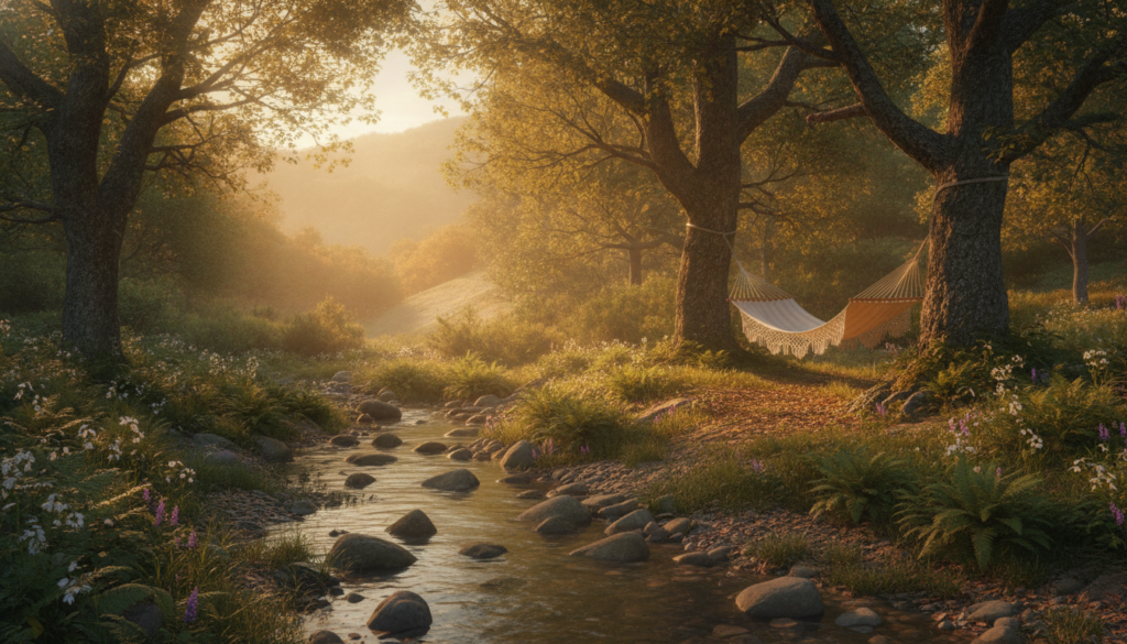 A serene landscape illustrating "the rhythm of rest," featuring a tranquil forest scene during the golden hour. In the foreground, a gentle stream flows over smooth stones, surrounded by lush greenery and delicate wildflowers. The middle ground showcases a cozy hammock strung between two sturdy trees, inviting relaxation. Soft rays of sunlight filter through the leaves above, casting dappled shadows on the ground. In the background, softly rolling hills are bathed in warm hues, creating a harmonious and peaceful atmosphere. The overall mood is one of calm and tranquility, encouraging a sense of quietude and balance. The focus should be on the natural elements, evoking a feeling of restfulness and connection with nature. No human subjects are included in this peaceful setting.
