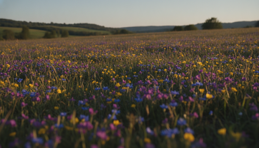 A serene meadow filled with vibrant wildflowers, showcasing a stunning array of colors—purples, yellows, and blues against a lush green backdrop. In the foreground, delicate wildflowers are swaying gently in the breeze, adding a touch of spontaneity and beauty. The middle ground features a harmonious blend of taller grasses and more scattered blooms, creating depth. The background reveals a soft-focus landscape with rolling hills under a clear blue sky, kissed by the warm glow of late afternoon sunlight. The atmosphere is peaceful and reflective, inviting the viewer to appreciate the beauty of imperfection found in nature. The image should be captured with a wide-angle lens at a low angle, emphasizing the flowers in the foreground while retaining the vastness of the scene.