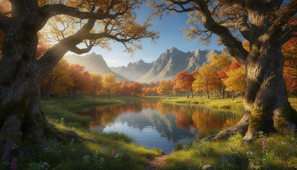 A serene natural landscape depicting nature as a temple, featuring towering ancient trees with moss-covered trunks in the foreground, creating a sacred atmosphere. In the middle ground, a clear, reflective pond mirrors the vibrant colors of the changing leaves. Sunlight filters through the branches, casting gentle rays onto a carpet of soft grass adorned with wildflowers. In the background, majestic mountains rise towards a clear blue sky, enhancing the feeling of grandeur. The scene should evoke a mood of tranquility and spiritual connection, inviting contemplation and awe. Capture the image with a wide-angle lens to emphasize depth and detail, ensuring warm, natural lighting to highlight the beauty of the environment. A serene natural landscape depicting nature as a temple, featuring towering ancient trees with moss-covered trunks in the foreground, creating a sacred atmosphere. In the middle ground, a clear, reflective pond mirrors the vibrant colors of the changing leaves. Sunlight filters through the branches, casting gentle rays onto a carpet of soft grass adorned with wildflowers. In the background, majestic mountains rise towards a clear blue sky, enhancing the feeling of grandeur. The scene should evoke a mood of tranquility and spiritual connection, inviting contemplation and awe. Capture the image with a wide-angle lens to emphasize depth and detail, ensuring warm, natural lighting to highlight the beauty of the environment.