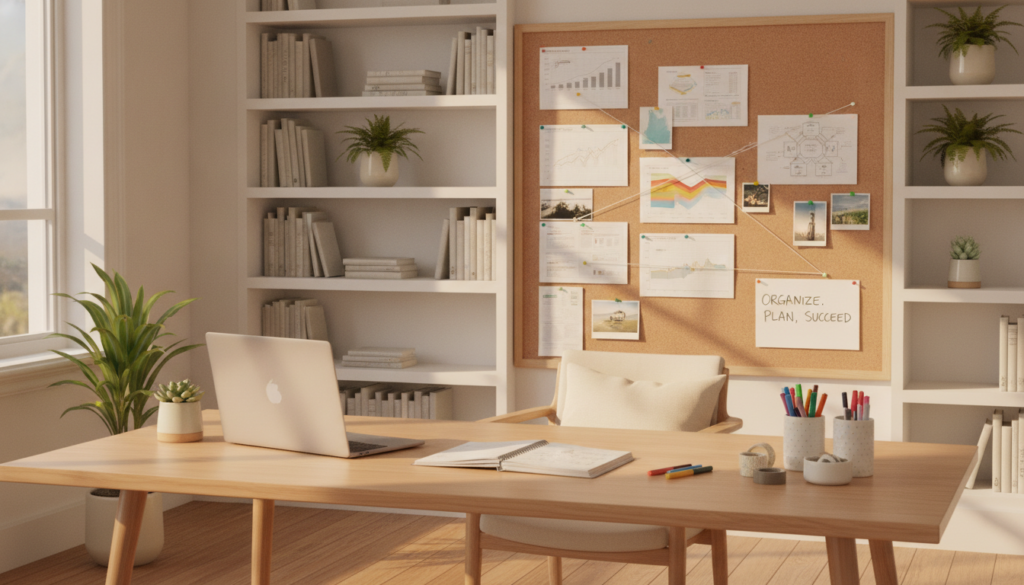 A serene office environment, showcasing a clean, organized workspace. In the foreground, a wooden desk is neatly arranged with a planner, a laptop, and colorful stationery. In the middle ground, a large corkboard displays neatly pinned notes, charts, and photos, symbolizing goal-setting and planning. The background features a well-organized shelf filled with books and decorative plants, creating a fresh and motivating atmosphere. Soft natural light streams through a window, casting gentle shadows, conveying a sense of calm and focus. The overall mood is inspiring and productive, emphasizing the importance of organization and planning in achieving success.