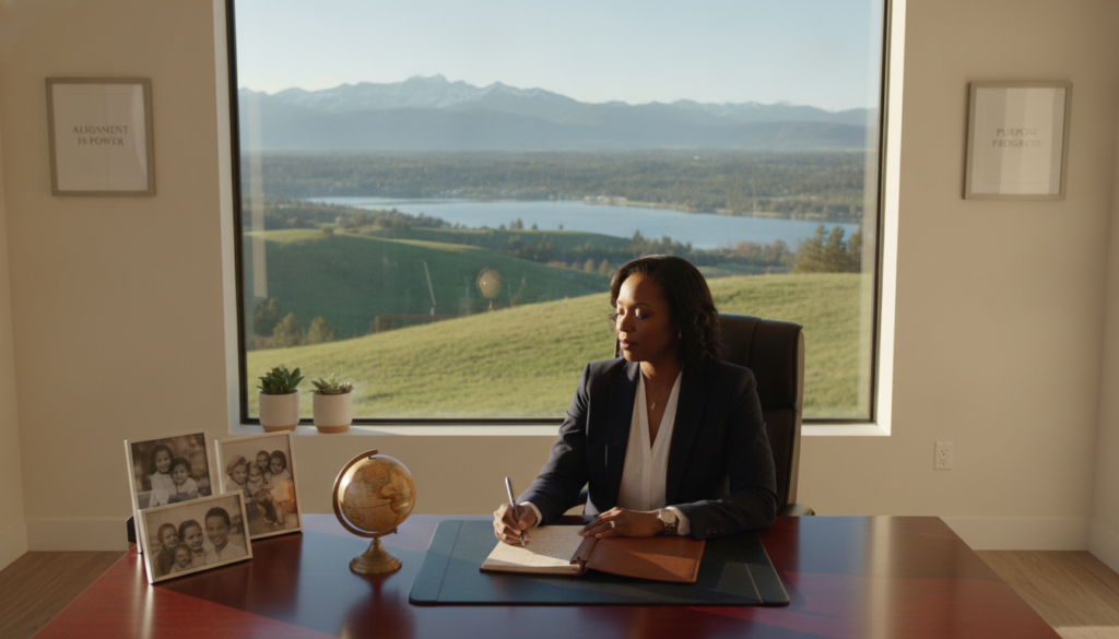 A serene office environment with a large window showcasing a beautiful landscape outside, symbolizing clarity and openness. In the foreground, a person of diverse descent, dressed in professional business attire, is thoughtfully sitting at a polished wooden desk, surrounding by personal items that represent their core values, such as a small globe, a notepad, and family photos. The middle ground features a well-organized workspace with motivational quotes framed on the walls. Soft, natural lighting filters through the window, casting gentle shadows, creating a warm and inviting atmosphere. The camera angle is slightly elevated, capturing the essence of introspection and decision-making, while emphasizing the importance of aligning actions with fundamental values.