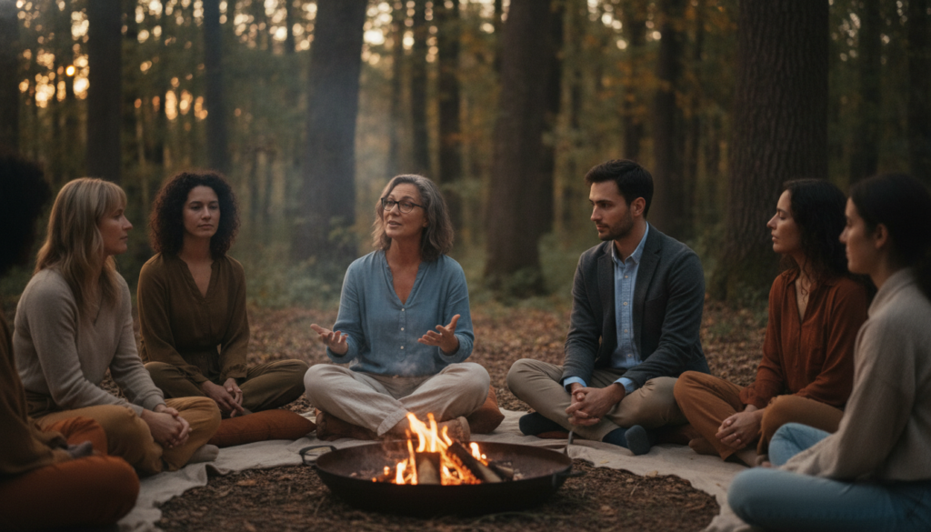 A serene outdoor gathering of a diverse group of people engaged in a spiritual community circle, sharing meaningful moments together. In the foreground, a middle-aged woman with glasses, wearing modest casual clothing, warmly shares her thoughts. Next to her, a young man in professional attire listens intently, showing connection and respect. In the middle, a peaceful fire pit symbolizes warmth and unity, surrounded by earth-toned blankets and cushions. The background features a gently lit forest at dusk, with soft light filtering through the trees, creating a tranquil and inviting atmosphere. The mood is reflective and supportive, conveying a sense of belonging and deeper connections among the participants. The camera angle is slightly elevated, capturing the circle's intimacy and the surrounding nature. A serene outdoor gathering of a diverse group of people engaged in a spiritual community circle, sharing meaningful moments together. In the foreground, a middle-aged woman with glasses, wearing modest casual clothing, warmly shares her thoughts. Next to her, a young man in professional attire listens intently, showing connection and respect. In the middle, a peaceful fire pit symbolizes warmth and unity, surrounded by earth-toned blankets and cushions. The background features a gently lit forest at dusk, with soft light filtering through the trees, creating a tranquil and inviting atmosphere. The mood is reflective and supportive, conveying a sense of belonging and deeper connections among the participants. The camera angle is slightly elevated, capturing the circle's intimacy and the surrounding nature.