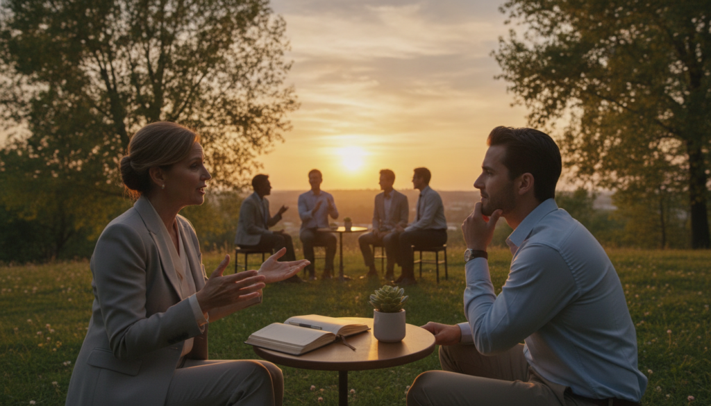 A serene outdoor scene depicting a diverse group of people engaged in meaningful conversations, reflecting on their personal legacies. In the foreground, a middle-aged woman in professional attire passionately shares her vision with a young man in a smart casual outfit, both deep in thought. In the middle, a small round table with a notebook and a plant symbolizes growth and reflection. The background features a vibrant sunset, casting warm golden and orange hues, creating a hopeful atmosphere. Silhouettes of trees frame the scene, enhancing the peaceful setting. The overall mood is inspiring and contemplative, inviting viewers to consider their own impact on the world. Soft natural lighting captures the emotion of the moment, with a focus on the interaction between the individuals, shot from a slightly elevated angle to include the beauty of the sunset.