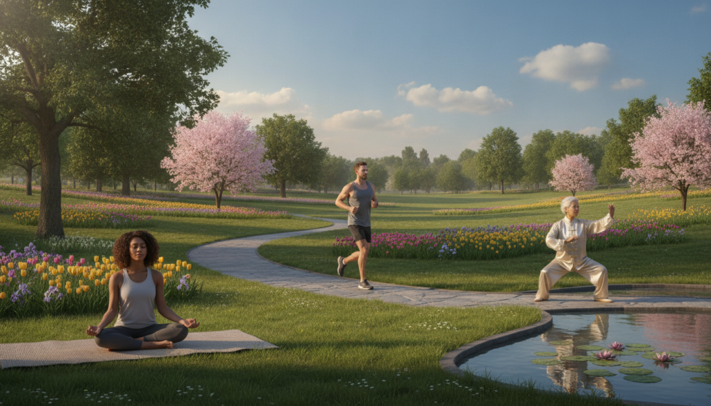 A serene scene depicting a balanced lifestyle promoting physical and mental health. In the foreground, a diverse group of individuals in professional casual wear engage in various activities: one is meditating on a yoga mat, another is jogging along a pathway, and a third is practicing tai chi near a tranquil pond. In the middle ground, a lush green park filled with trees and flowers, symbolizing vitality. The background features a bright blue sky with soft, fluffy clouds, creating an uplifting atmosphere. The lighting is warm and natural, reminiscent of early morning or late afternoon, casting gentle shadows. The overall mood is peaceful and invigorating, embodying the essence of self-care and rejuvenation. A serene scene depicting a balanced lifestyle promoting physical and mental health. In the foreground, a diverse group of individuals in professional casual wear engage in various activities: one is meditating on a yoga mat, another is jogging along a pathway, and a third is practicing tai chi near a tranquil pond. In the middle ground, a lush green park filled with trees and flowers, symbolizing vitality. The background features a bright blue sky with soft, fluffy clouds, creating an uplifting atmosphere. The lighting is warm and natural, reminiscent of early morning or late afternoon, casting gentle shadows. The overall mood is peaceful and invigorating, embodying the essence of self-care and rejuvenation.