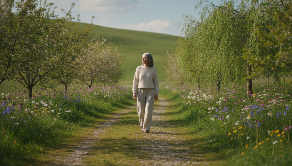 A serene scene depicting a gentle path leading through a lush green landscape, symbolizing new beginnings. In the foreground, a person of indeterminate age, dressed in modest casual clothing, walks thoughtfully along the path, radiating a sense of calm and determination. In the middle ground, blooming flowers and trees create a vibrant, encouraging atmosphere, representing growth and potential. The background features soft, rolling hills under a bright blue sky with fluffy white clouds, suggesting hope and optimism. The lighting is warm and inviting, casting a soft glow on the scene that enhances the mood of patience and reflection. Capture this moment with a slight depth of field to highlight the subject while subtly blurring the background, emphasizing the journey of transformation. A serene scene depicting a gentle path leading through a lush green landscape, symbolizing new beginnings. In the foreground, a person of indeterminate age, dressed in modest casual clothing, walks thoughtfully along the path, radiating a sense of calm and determination. In the middle ground, blooming flowers and trees create a vibrant, encouraging atmosphere, representing growth and potential. The background features soft, rolling hills under a bright blue sky with fluffy white clouds, suggesting hope and optimism. The lighting is warm and inviting, casting a soft glow on the scene that enhances the mood of patience and reflection. Capture this moment with a slight depth of field to highlight the subject while subtly blurring the background, emphasizing the journey of transformation.