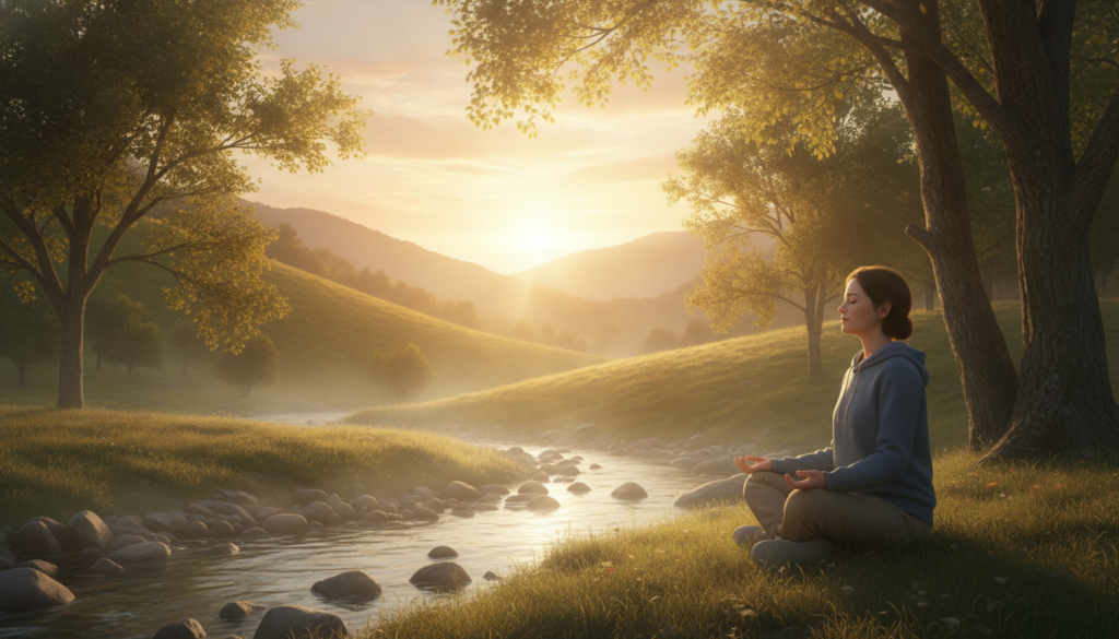 A serene scene depicting emotional resilience and mental health. In the foreground, a person in modest casual clothing sits cross-legged on a grassy hill, eyes closed, exuding a peaceful aura as sunlight filters through trees overhead. The middle ground features a gentle stream flowing, symbolizing emotional healing. In the background, soft rolling hills fade into a vibrant sunset, casting warm hues of orange and pink in the sky, creating a hopeful atmosphere. The composition should focus on natural lighting highlighting the subject’s face and the tranquil environment. The overall mood is uplifting, emphasizing the power of healing and emotional strength.