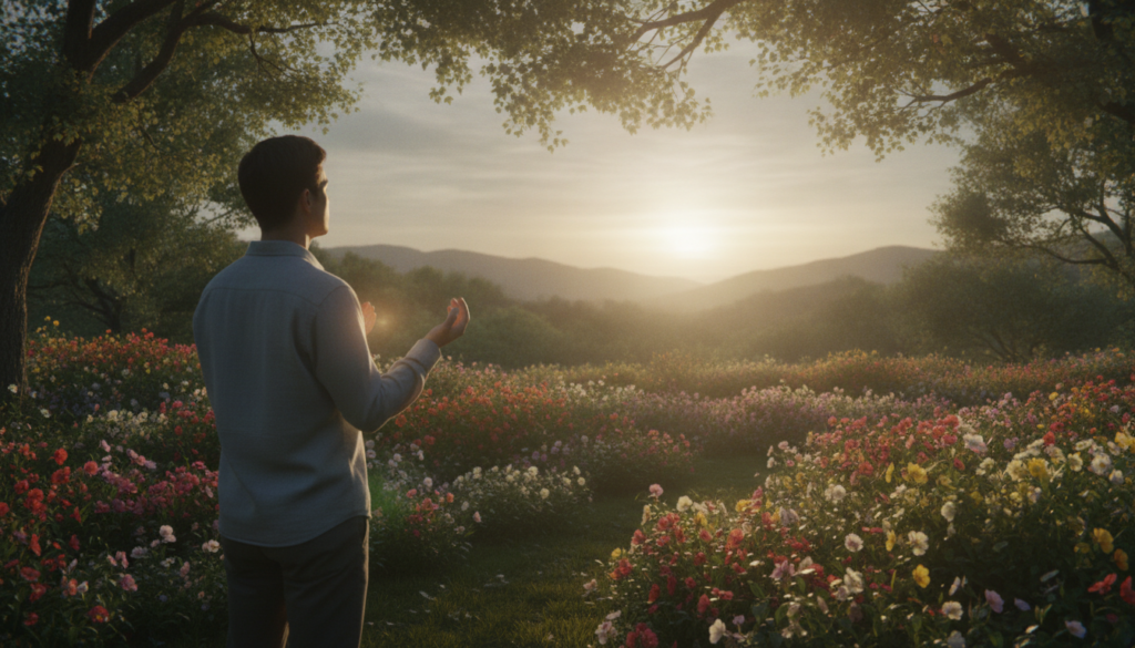 A serene scene depicting profound gratitude as a spiritual connection. In the foreground, a figure in modest, professional attire stands with arms gently raised, eyes closed in contemplation, radiating warmth and peace. The middle ground features a lush garden adorned with vibrant flowers and soft, glowing light filtering through trees, symbolizing nature's beauty. In the background, a subtle sun rise casts a golden hue over rolling hills, representing the awakening of spiritual awareness. The atmosphere is tranquil and uplifting, with a focus on harmony and connection. The lighting is soft and ethereal, enhancing the sense of serenity, emphasizing the emotional depth of the moment. The scene should evoke feelings of awe and gratitude, celebrating the transformative power of recognizing the sacred in everyday life. A serene scene depicting profound gratitude as a spiritual connection. In the foreground, a figure in modest, professional attire stands with arms gently raised, eyes closed in contemplation, radiating warmth and peace. The middle ground features a lush garden adorned with vibrant flowers and soft, glowing light filtering through trees, symbolizing nature's beauty. In the background, a subtle sun rise casts a golden hue over rolling hills, representing the awakening of spiritual awareness. The atmosphere is tranquil and uplifting, with a focus on harmony and connection. The lighting is soft and ethereal, enhancing the sense of serenity, emphasizing the emotional depth of the moment. The scene should evoke feelings of awe and gratitude, celebrating the transformative power of recognizing the sacred in everyday life.