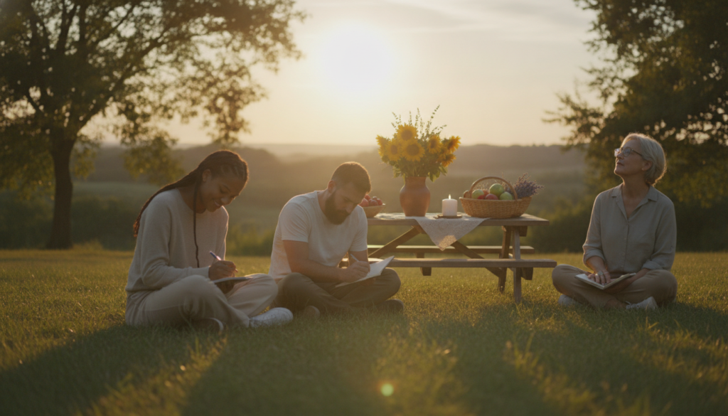 A serene scene depicting the "Prática da Gratidão" with a warm, inviting atmosphere. In the foreground, a diverse group of three individuals, dressed in modest, casual clothing, sit on a grassy hill, each with a small journal and pen, engaged in thoughtful reflection. The middle ground features a wooden picnic table adorned with fresh flowers and a lit candle, symbolizing mindfulness and appreciation. The background presents a tranquil sunset over rolling hills, casting a golden hue across the scene. Soft, dappled sunlight filters through the trees, creating a peaceful ambiance. The composition conveys a sense of calmness, warmth, and connection with nature, evoking a feeling of gratitude and contentment. Use a soft-focus lens effect to enhance the mood and create a dreamlike quality.