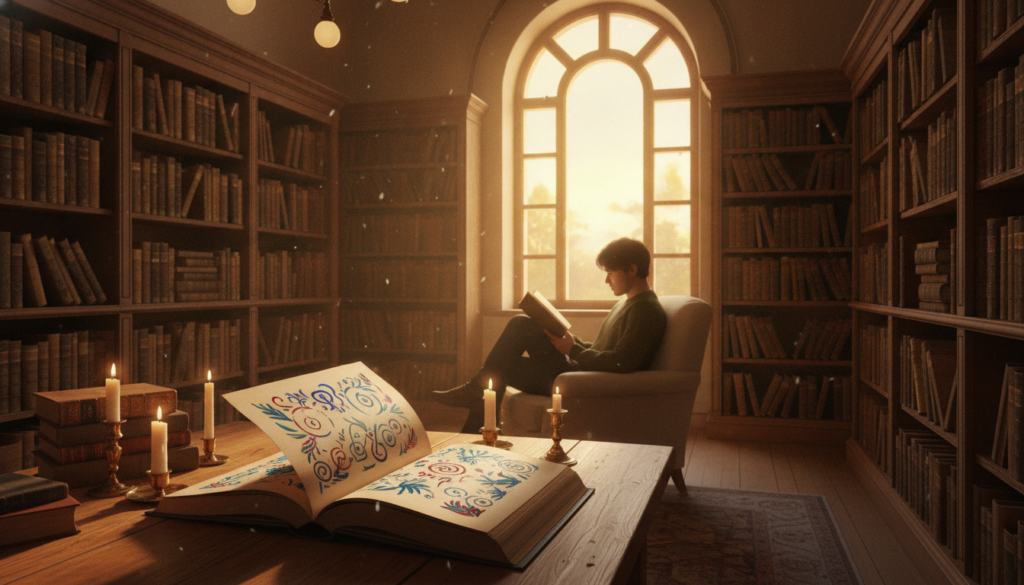 A serene scene inside a cozy library filled with ancient books and soft, warm lighting. In the foreground, an open book lies on a wooden table, its pages turned gently by an unseen breeze, revealing vibrant illustrations of mystical symbols and nature. Surrounding the book, delicate candles cast flickering shadows, enhancing the tranquil atmosphere. In the middle ground, a figure of a person, dressed in modest, casual clothing, is seated on a plush armchair, deeply immersed in reading, embodying a sense of peace and contemplation. The background features shelves filled with books and a large window, through which soft sunlight streams, illuminating the dust particles in the air. The overall mood is calm, reflective, and spiritually enriching, evoking a sense of wisdom and connection to ancestral knowledge. A serene scene inside a cozy library filled with ancient books and soft, warm lighting. In the foreground, an open book lies on a wooden table, its pages turned gently by an unseen breeze, revealing vibrant illustrations of mystical symbols and nature. Surrounding the book, delicate candles cast flickering shadows, enhancing the tranquil atmosphere. In the middle ground, a figure of a person, dressed in modest, casual clothing, is seated on a plush armchair, deeply immersed in reading, embodying a sense of peace and contemplation. The background features shelves filled with books and a large window, through which soft sunlight streams, illuminating the dust particles in the air. The overall mood is calm, reflective, and spiritually enriching, evoking a sense of wisdom and connection to ancestral knowledge.