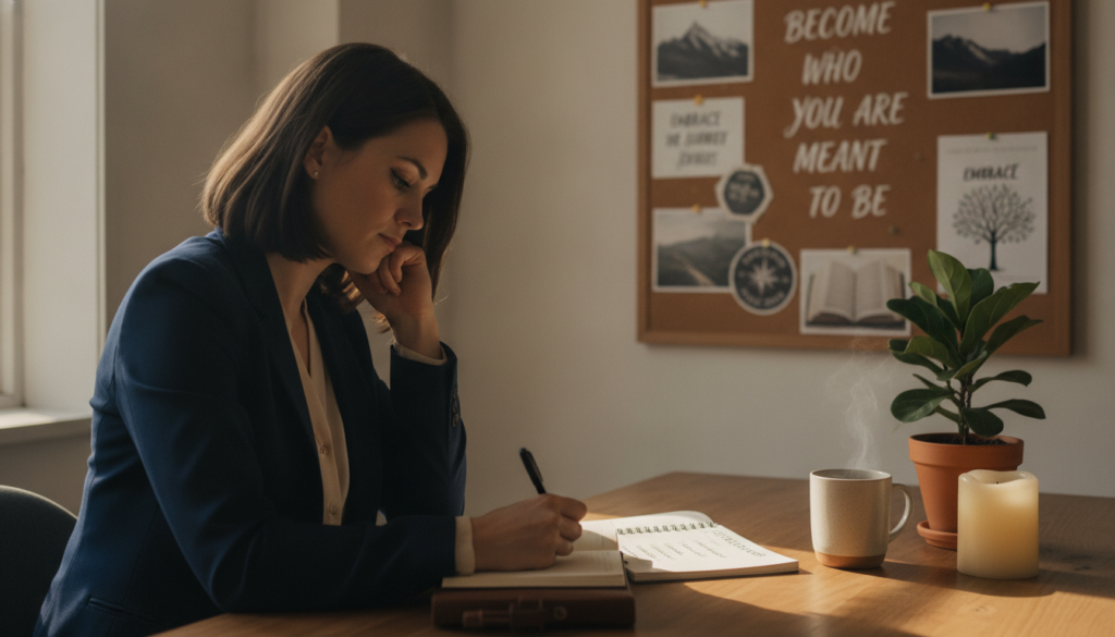 A serene setting in a cozy office, filled with warm natural light streaming through a large window. In the foreground, a thoughtful individual, dressed in professional business attire, is seated at a desk, writing in a journal. On the desk, an open notebook displays notes on deep personal values. The middle ground features a small potted plant symbolizing growth and development, along with calming elements like a coffee mug and a candle. In the background, a vision board is pinned to the wall, showcasing inspiring quotes and images related to personal development. The atmosphere is reflective and introspective, evoking a sense of clarity and purpose, captured with a soft focus to enhance the intimate feel of the scene. The overall color palette is warm and inviting, promoting a sense of peace and self-discovery.
