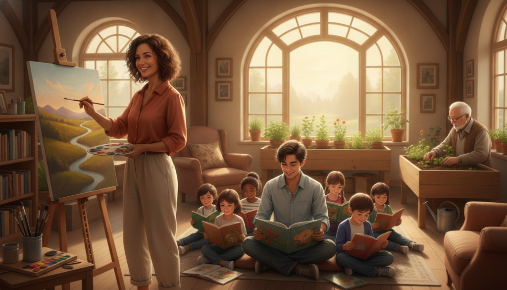 A serene workspace scene showcasing a diverse group of professionals engaged in various fulfilling activities they are passionate about, such as painting, teaching, and gardening. In the foreground, a middle-aged woman in smart casual attire, smiling while painting on a canvas. In the middle ground, a young man in a collared shirt teaches children, while an elderly man, wearing glasses and a sweater, cultivates plants in a small garden. The background features soft natural light streaming in through large windows, highlighting the warm colors of the room and enhancing the cozy atmosphere. The image should evoke a sense of fulfillment and joy, illustrating the essence of pursuing one's true calling without the burden of financial considerations.