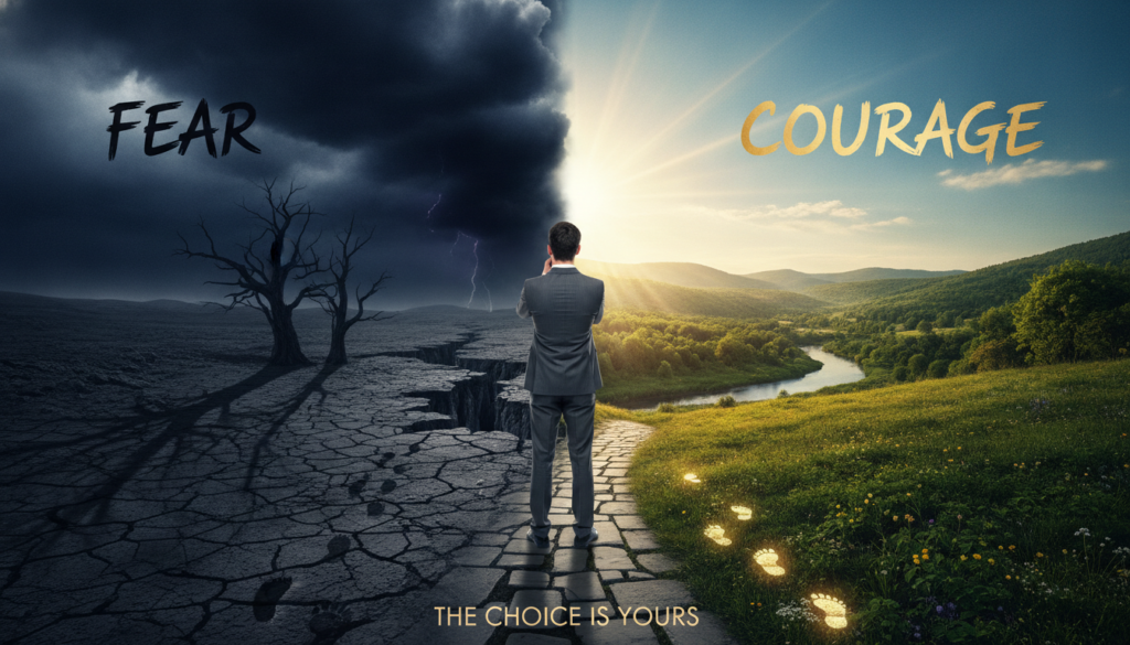 A split scene capturing the essence of "fear and courage." In the foreground, a person in professional business attire stands at a crossroads, looking contemplative. On one side, a dark, stormy cloud represents fear, with shadows looming and cracked earth. On the opposite side, bright rays of sunshine break through a clear sky, symbolizing courage and hope, with lush greenery. In the middle ground, a path leading from fear to courage is depicted, with footprints fading into the darkness and emerging into the light. The lighting should create a dramatic contrast—dark and moody on the fear side and warm and inviting on the courage side. The atmosphere should evoke a sense of tension, choice, and reflection, inviting viewers to ponder their own decisions.