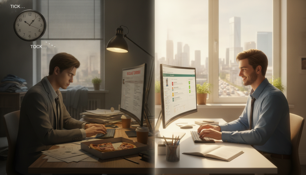 A split scene illustrating procrastination versus productivity. In the foreground, a person in professional attire sits at a cluttered desk, staring blankly at a computer screen displaying a long to-do list, with scattered papers and a clock ticking ominously in the corner. This side embodies procrastination, with dim lighting casting shadows, creating a sense of urgency and tension. In the middle, transition to the productive side shows the same individual, now focused and organized, energetically working with bright, warm lighting that signifies clarity and motivation. The background features a serene environment with a large window letting in natural light and a view of a bustling city, symbolizing opportunities. The overall mood should contrast the heaviness of procrastination with the uplifting energy of productivity. A split scene illustrating procrastination versus productivity. In the foreground, a person in professional attire sits at a cluttered desk, staring blankly at a computer screen displaying a long to-do list, with scattered papers and a clock ticking ominously in the corner. This side embodies procrastination, with dim lighting casting shadows, creating a sense of urgency and tension. In the middle, transition to the productive side shows the same individual, now focused and organized, energetically working with bright, warm lighting that signifies clarity and motivation. The background features a serene environment with a large window letting in natural light and a view of a bustling city, symbolizing opportunities. The overall mood should contrast the heaviness of procrastination with the uplifting energy of productivity.