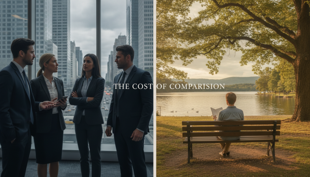 A split scene illustrating social comparison: on the left, a group of professionals in modest business attire engaged in lively conversation, their expressions showing envy and dissatisfaction. In the foreground, one individual appears slightly isolated, gazing at the others with a pensive look. On the right, a serene landscape featuring a solitary person sitting on a park bench, reflecting and journaling, embodying introspection and self-acceptance. Soft natural lighting filters through the trees, creating a warm atmosphere. The background includes a bustling city on the left and a peaceful park on the right, emphasizing the contrast between social pressure and inner peace. The overall mood is contemplative, highlighting the impact of constant comparison on personal growth. A split scene illustrating social comparison: on the left, a group of professionals in modest business attire engaged in lively conversation, their expressions showing envy and dissatisfaction. In the foreground, one individual appears slightly isolated, gazing at the others with a pensive look. On the right, a serene landscape featuring a solitary person sitting on a park bench, reflecting and journaling, embodying introspection and self-acceptance. Soft natural lighting filters through the trees, creating a warm atmosphere. The background includes a bustling city on the left and a peaceful park on the right, emphasizing the contrast between social pressure and inner peace. The overall mood is contemplative, highlighting the impact of constant comparison on personal growth.