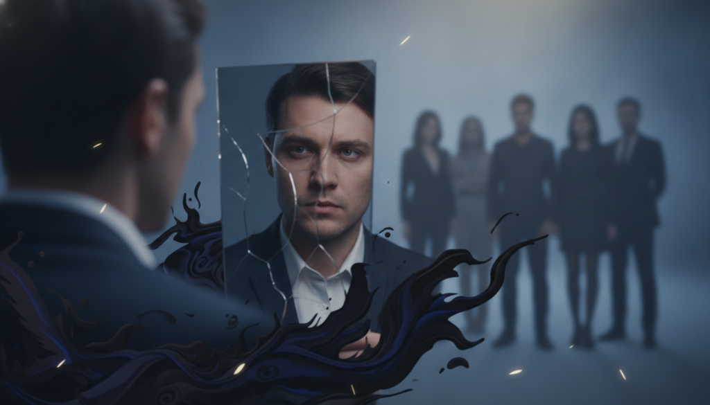 A symbolic representation of self-sabotage and hidden behavioral patterns. In the foreground, a contemplative figure in professional attire, gazing into a mirror that reflects a fractured image, symbolizing inner conflict. Surrounding the figure are abstract shapes and dark, swirling colors that represent negative thoughts and emotions. In the middle ground, soft, blurred silhouettes of diverse individuals, suggesting a community of shared experiences and struggles. The background features a gradient of muted blues and grays that evoke a sense of introspection and unease, with subtle hints of light breaking through the darkness, indicating the potential for self-awareness and growth. The lighting is soft and diffused, enhancing the contemplative atmosphere, and the angle captures an intimate perspective, inviting the viewer to reflect on their own patterns of behavior. A symbolic representation of self-sabotage and hidden behavioral patterns. In the foreground, a contemplative figure in professional attire, gazing into a mirror that reflects a fractured image, symbolizing inner conflict. Surrounding the figure are abstract shapes and dark, swirling colors that represent negative thoughts and emotions. In the middle ground, soft, blurred silhouettes of diverse individuals, suggesting a community of shared experiences and struggles. The background features a gradient of muted blues and grays that evoke a sense of introspection and unease, with subtle hints of light breaking through the darkness, indicating the potential for self-awareness and growth. The lighting is soft and diffused, enhancing the contemplative atmosphere, and the angle captures an intimate perspective, inviting the viewer to reflect on their own patterns of behavior.